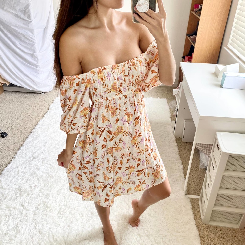 Billabong Off-Shoulder Mini Dress in Cream with Orange Floral Print